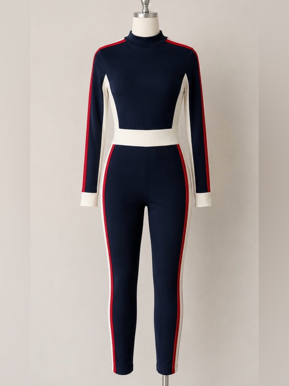 Fashion Nova Navy, Cream & Red High-Neck Performance Jumpsuit